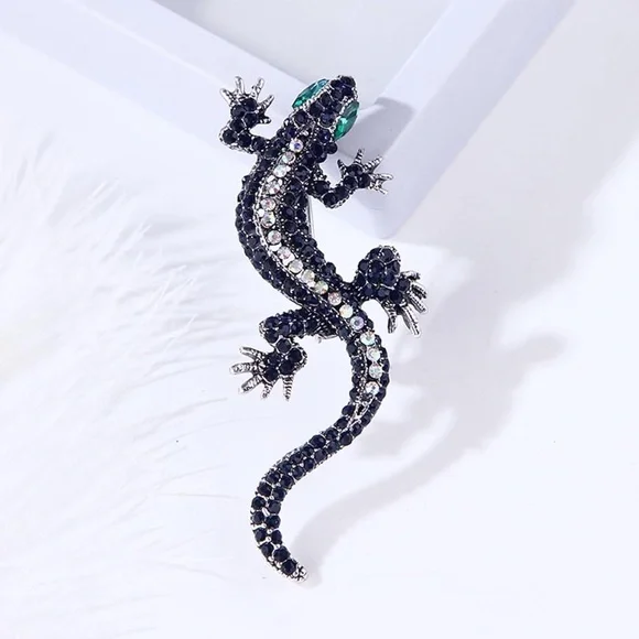 UNISEX Elegant Black and Silver Lizard Gecko Rhinestone Brooch - Picture 2 of 4
